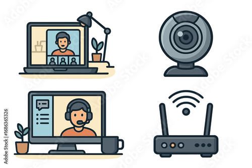 Remote work and virtual meeting icon set. Vector illustration of home office technology, including video conference on laptop, customer support on computer, webcam, and wifi router.