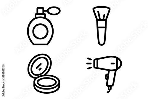 Beauty icon collection. Simple line art set of cosmetic and makeup symbols. Vector outline illustration of perfume, brush, powder, and hairdryer for salon or personal care.