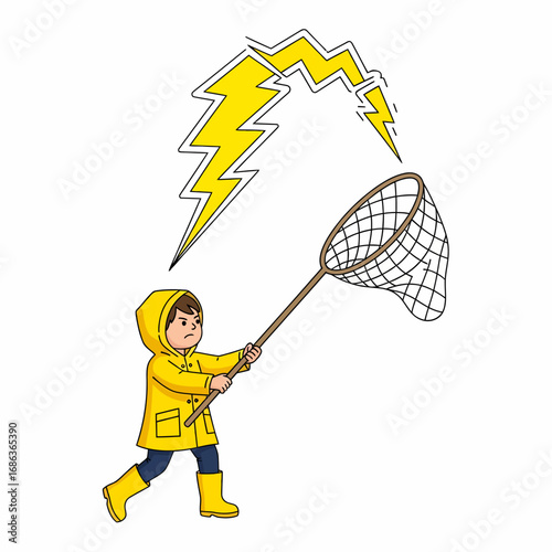 Cartoon boy in yellow raincoat catching lightning with net