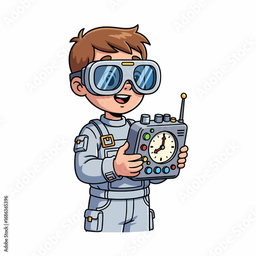 Cartoon boy astronaut wearing virtual reality goggles holds control panel