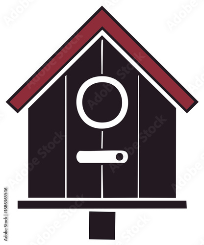 Birdhouse Illustration with Roof and Pole Support, Graphic Wooden Bird House Design, Symbol of Wildlife Shelter