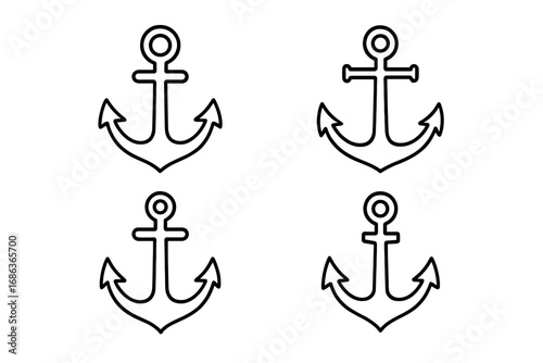 Vector anchor line icon collection. Nautical, sea, and marine theme symbols. Editable stroke outline illustration for boat, ship, or navy logo design. Simple maritime sign set.