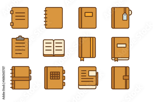 Notebook and journal vector icon set. Minimal flat line pictograms of diary, planner, and notepad for web and app design. Office and school stationery supplies symbols.