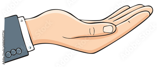 Cartoon hand with open palm and suit sleeve, offering gesture, business concept