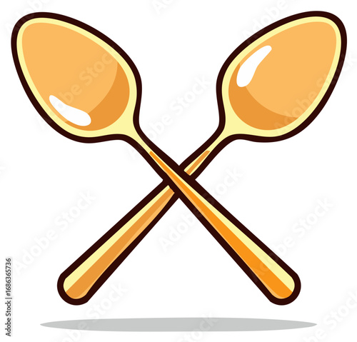 Two crossed golden spoons, kitchen utensils, metallic flatware for eating and serving, meal preparation, dining symbol