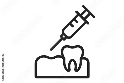 Dental anesthesia vector icon. Local anesthetic injection with a syringe into the gum. Dentistry concept for painkiller, oral surgery, or tooth treatment. Medical symbol.