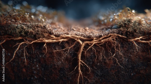 Detailed cross-section displaying plant roots intertwined within soil layers
