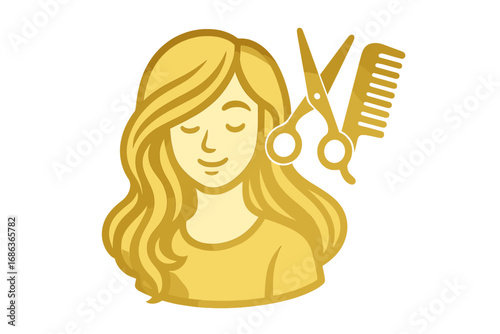 Golden beauty salon logo with a woman's face and long hair. Elegant hairstylist icon with scissors and comb for a hairdresser. Vector graphic symbol for female hairstyle and cosmetology.