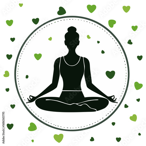 Silhouette of a person meditating in a lotus pose surrounded by green hearts and a dotted circle