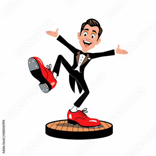 Flat vector man tap dancing in tuxedo red shoes