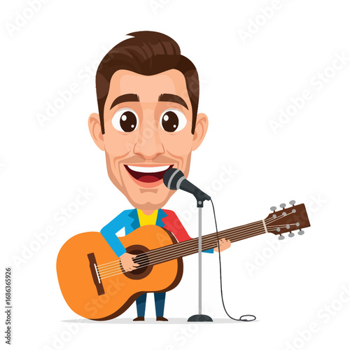 Cartoon man singing with acoustic guitar on stage