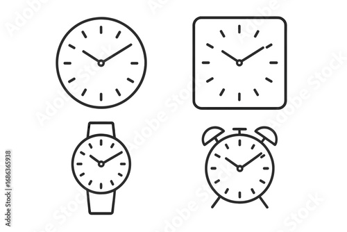 Minimalist set of different clock designs in simple line art style, including wall clock, square clock, wristwatch, and alarm clock, clean vector cartoon illustration, transparent background