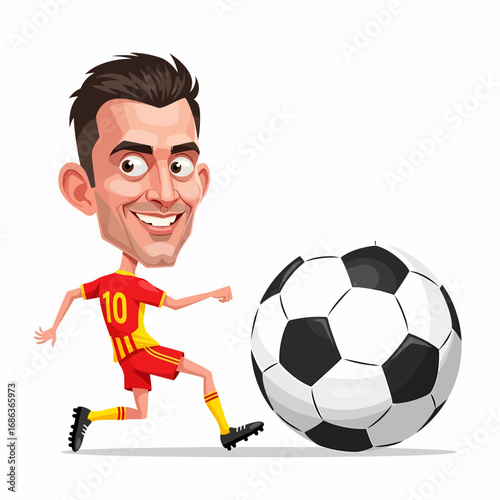 Cartoon soccer player kicking a large black and white ball