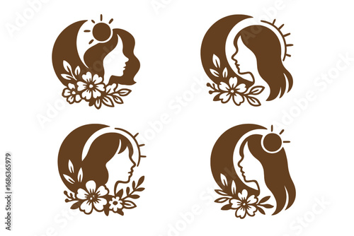 Woman face silhouette logo collection. Vector set for beauty, spa, nature brand. Feminine floral design with sun and moon. Elegant hair salon or cosmetic product icon.