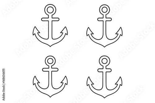 Anchor outline icon set. Nautical marine symbol collection for sea travel and boating. Simple line art vector of ship and boat equipment for stability and safety concepts.