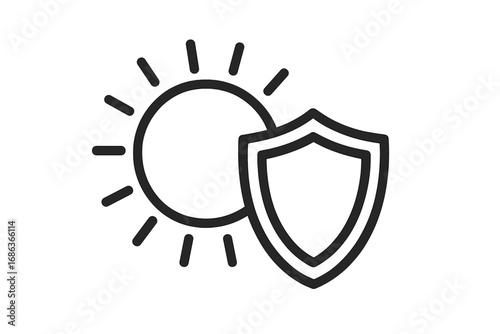 Sun protection icon with a shield. Concept of UV defense, sunscreen, and skincare. Vector for summer safety, heatwave, and sunlight block. Weather symbol for apps and web.