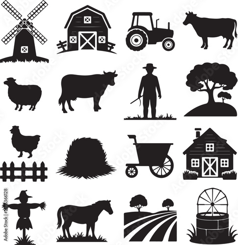 Farm and agriculture icons collection with animals and buildings windmill barn