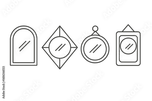 Minimalist geometric mirror designs in modern linear style for interior decor concepts. Vector illustration set of elegant, contemporary, stylish mirrors with transparent background.
