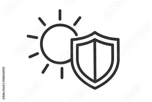 UV protection icon. Sun and shield graphic for sunscreen and skin care concepts. Solar radiation defense symbol. Summer safety and heat block vector logo. Dermatology sign.