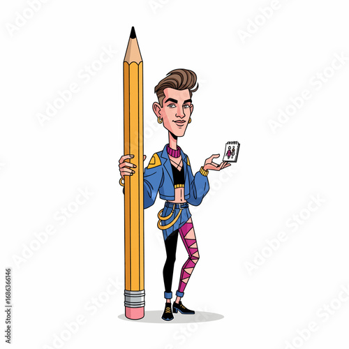 Illustration of stylish artist holding large pencil and small sketchpad