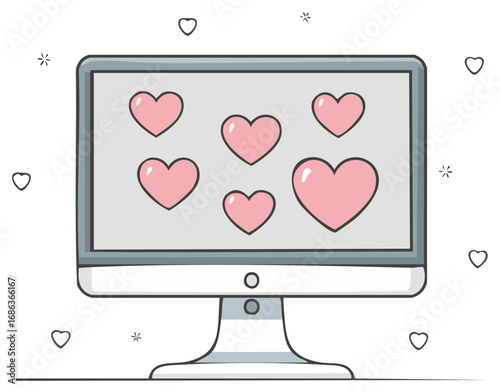 Online dating romance concept with pink hearts on a desktop computer screen