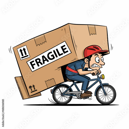 Cartoon delivery man struggling with large fragile package on bicycle