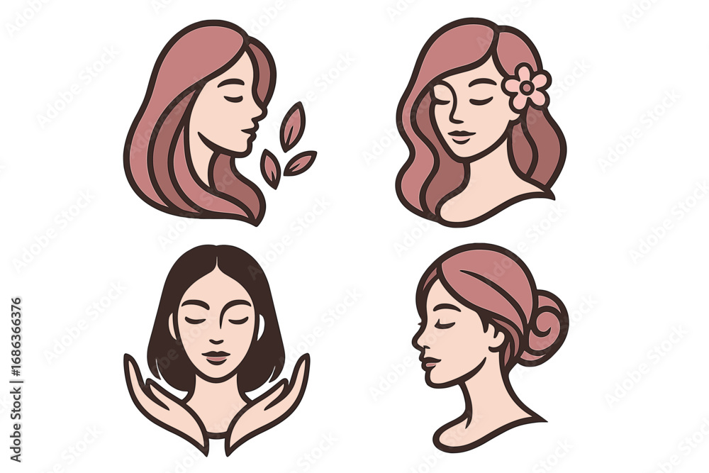 Woman face logo collection for beauty, spa, salon. Vector set of feminine head illustrations. Natural, organic skincare icon. Elegant female profile for cosmetics & wellness branding.
