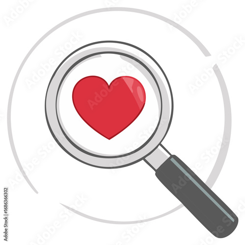 Finding Love Concept: Red Heart Shape Seen Through a Magnifying Glass on a White Background