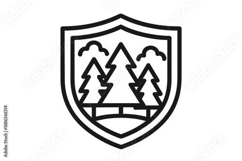 Shield with pine trees and forest. Nature protection and conservation concept. National park or environmental guard emblem. Vector line icon for outdoor adventure or eco logo.