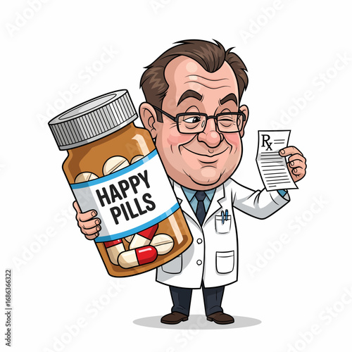 Cartoon doctor holding happy pills prescription bottle rx