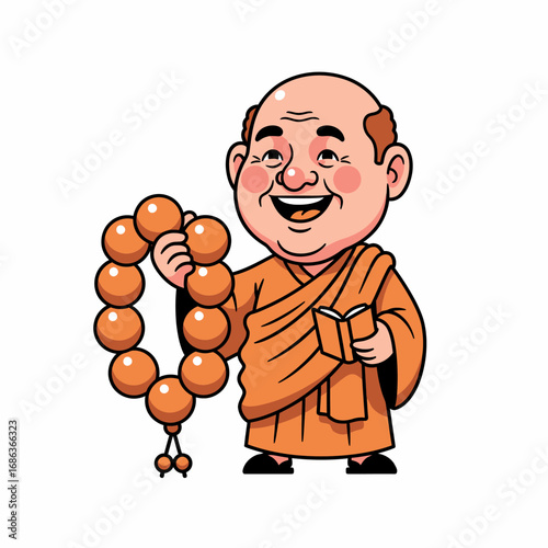 Cartoon monk holding prayer beads and book smiling