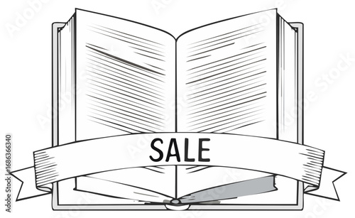 Open book with sale banner graphic design element in black and white