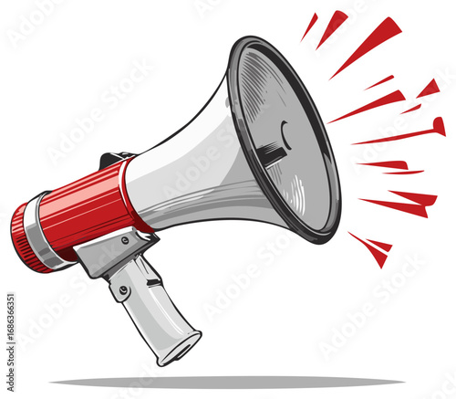 Red and silver megaphone broadcasting sound waves red alert and announcement symbol