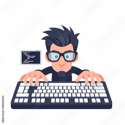 Cartoon man typing code on computer keyboard with glasses