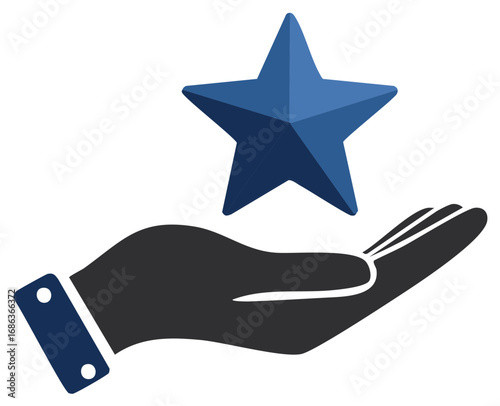 Blue star hovering above an open hand gesture symbolizing award achievement success rating or best quality