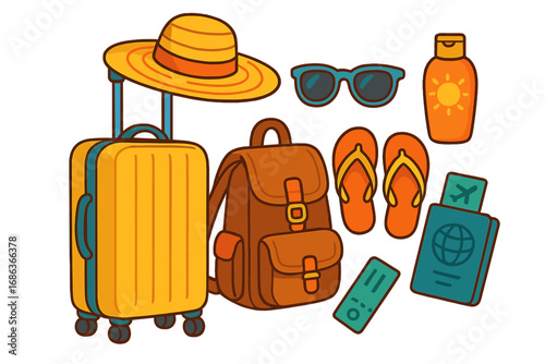 Cartoon vector set of travel and summer beach vacation items. Suitcase, backpack, passport, ticket, hat, sunglasses, sunscreen and flip-flops. Holiday trip essentials concept.