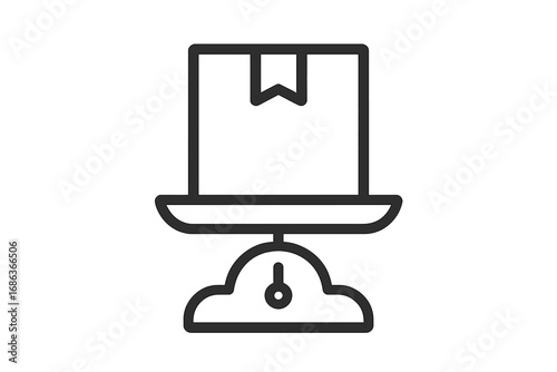 Package on weighing scale icon. Concept for shipping weight, delivery service, logistics, and freight. E-commerce order fulfillment and postage calculation symbol. Simple line art.