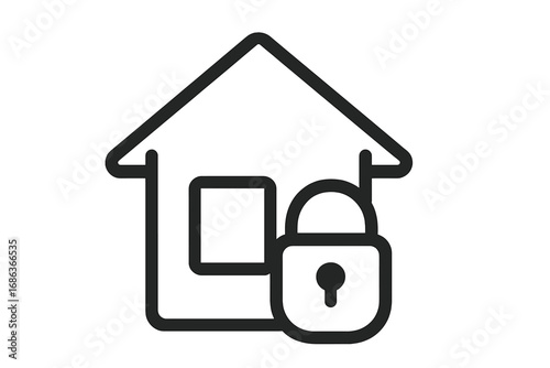 Home security icon with house and padlock. Property protection and safety concept. Real estate insurance and mortgage symbol. Secure private property vector illustration pictogram.