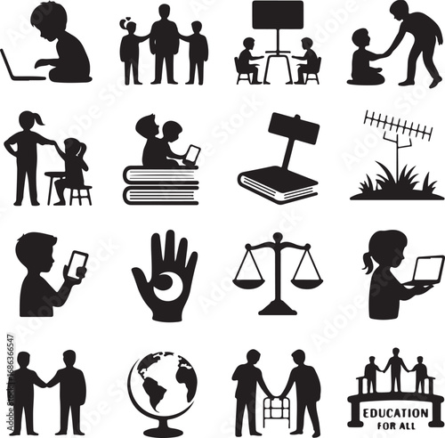Education and learning icons collection with children and adults laptop family