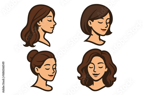 Set of beautiful woman faces with different hairstyles. Vector cartoon illustration for beauty salon, spa, or cosmetics. Collection of female head portraits. Girl character logo.