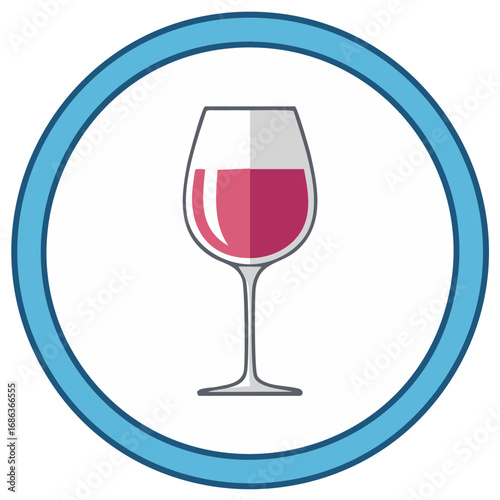 Icon Style Wine Glass with Red Wine Inside a Blue Circle Frame on White Background