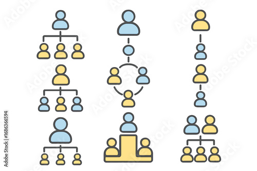 Set of business organization chart icons. Corporate hierarchy structure, teamwork, and leadership concepts. Vector pictograms for infographics, web design, and presentations.