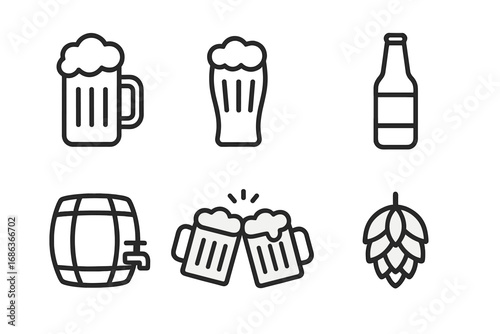 Beer icon set for brewery and pub. Simple line art collection of alcohol drink symbols. Vector outline of mug, glass, bottle, barrel, and hops. Cheers toast sign. Editable stroke.