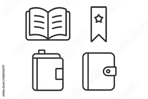 Book, bookmark, and diary outline icon set. Modern vector icons for reading, writing, and study. Symbols for literature, education, library, journal, and planner concepts.