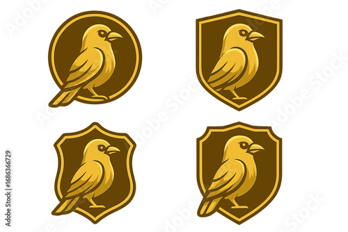 Golden bird logo set. Collection of premium gold canary or sparrow icons on shield and circle badges. Vector illustration for corporate identity, emblem, or luxury brand symbol.