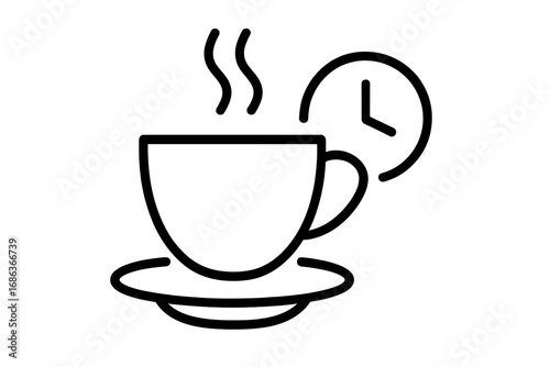 Coffee break time icon. Hot drink mug with steam and clock. Minimalist linear vector illustration for cafe menu, office, web. Morning coffee or tea concept symbol.
