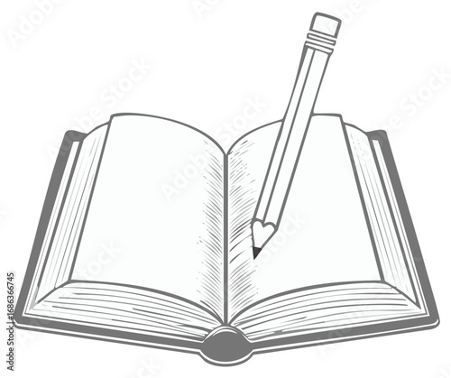 Pencil writing on blank pages of an open book, representing education and creativity.