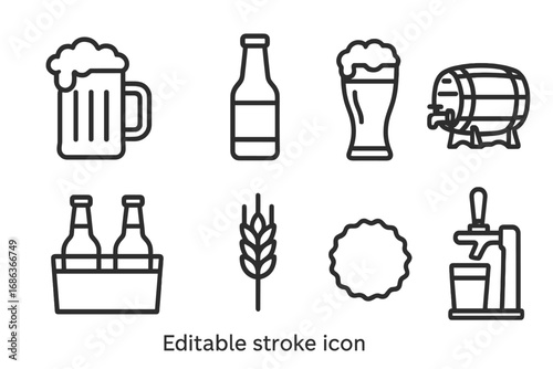 Beer icon set. Simple line art collection of brewery symbols like mug, bottle, glass, barrel, keg, tap, wheat, barley, and cap. Vector illustration with editable stroke.