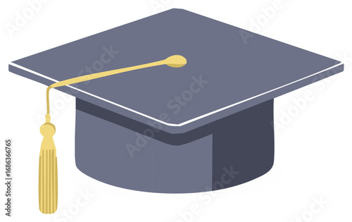 Blue mortarboard hat with a gold tassel for a college or university commencement ceremony