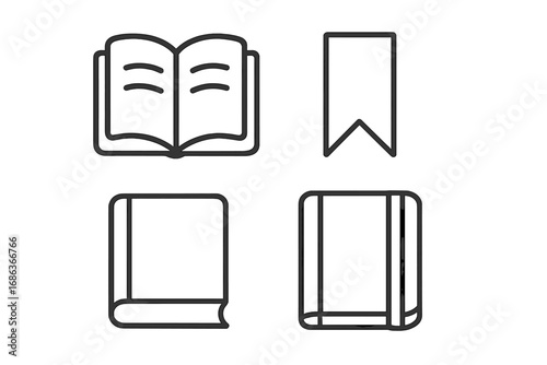 Book, bookmark, diary, notebook vector icon set. Modern outline style symbols for education, reading, and learning. Minimalist linear pictograms for web and app design.